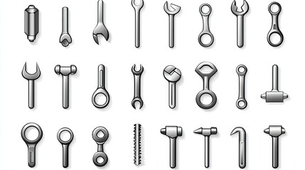 A collection of various metallic tools arranged in a grid layout.