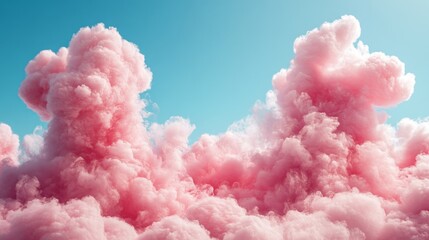 Fluffy pink clouds in a blue sky with soft sunlight