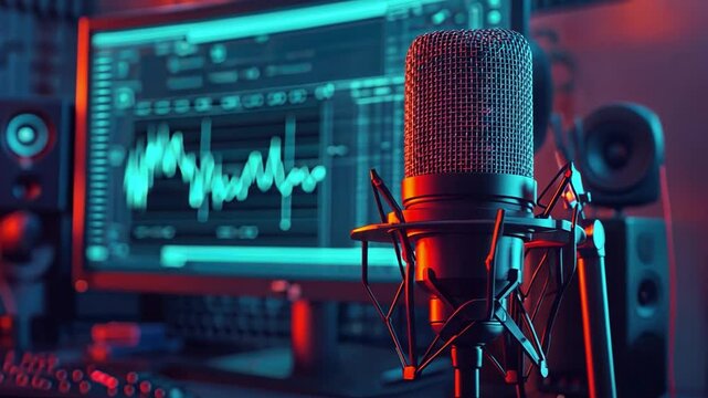 Studio Podcast Setup: Professional microphone in focus, with a computer screen displaying audio waveforms in the background.  Perfect for podcasting, streaming, and music production content. 