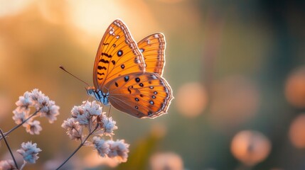Obraz premium Orange butterfly resting on a delicate flower with soft natural lighting