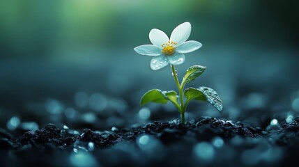 Single small white flower blooming among dewdrops on grass