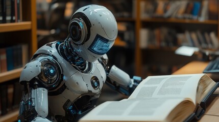 Fototapeta premium Humanoid robot reading a book in a library setting