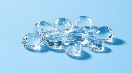 Fototapeta premium Crystal-clear water droplets scattered across a smooth blue background.