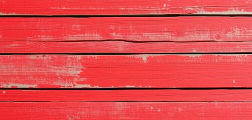 Weathered red wood planks create rustic background. Horizontal lines of timber show distressed, aged texture. Vintage wood surface ideal for banners retro style design projects. Grimy red plank