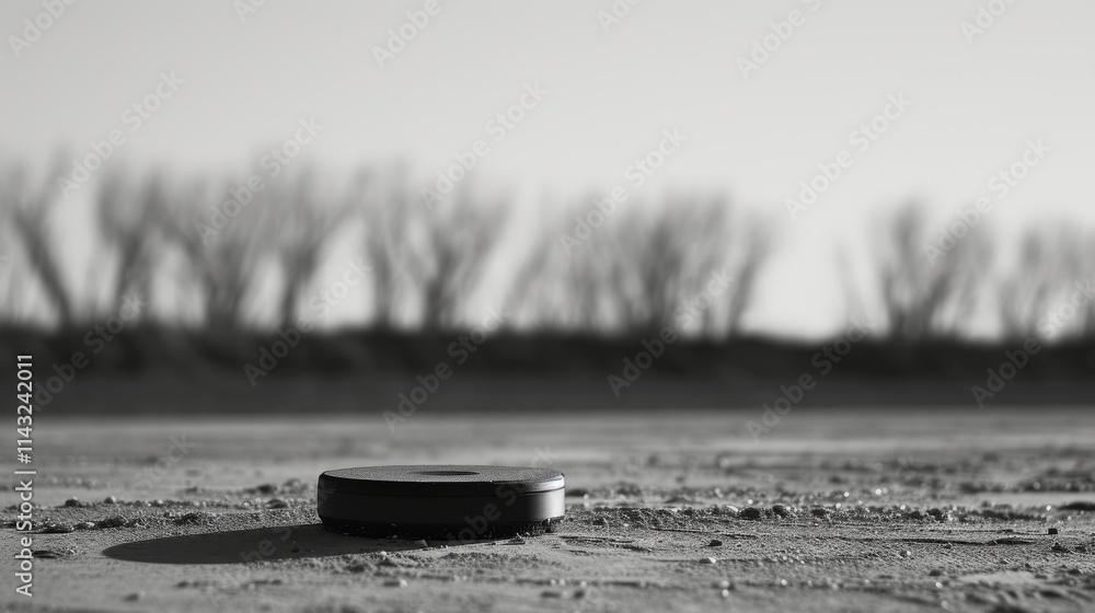 Poster a round black object resting on cracked, dry soil, captured in monochromatic tones with blurred tree