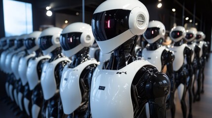 Fototapeta premium Humanoid robots standing in formation in a futuristic factory setting