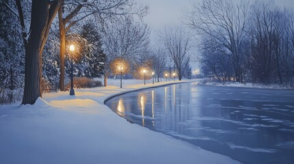 A serene winter scene featuring a snowy path beside a calm river with glowing streetlights.