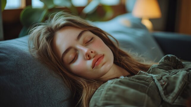 Young woman peacefully sleeping with soft lighting on face