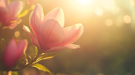 Fototapeta premium Pink Magnolia Blossom Illuminated by Golden Sunlight