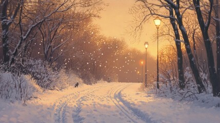 A serene winter scene with snow-covered paths, trees, and glowing street lamps at dusk.
