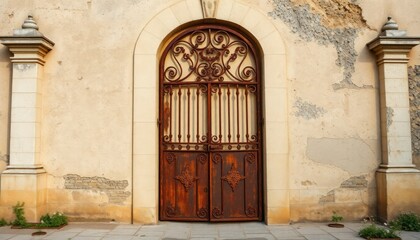 Ornate rusty metal gate stands on crumbling stone wall. Vintage architecture shows age, decay. Artistic design on weathered metal. Entranceway to old building church. Europe Asia style. Ancient