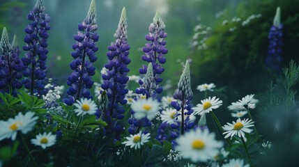 Obraz premium A serene garden scene featuring vibrant purple lupines and white daisies in a misty environment.