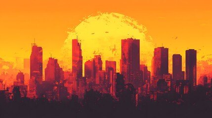 Fototapeta premium Post-apocalyptic city skyline at sunset, tall skyscrapers silhouetted against an orange sky