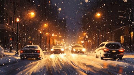 A snowy street scene at night with cars and streetlights illuminating the falling snow.
