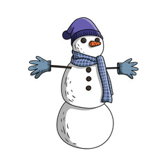 Snowman character wearing a scarf, beanie hat and gloves
