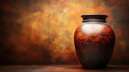 A rustic ceramic vase stands against a textured, warm-toned background.