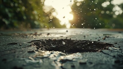A dynamic close-up of water splashing in a pothole on an asphalt road during sunset, with droplets captured mid-air and warm golden hues in the background. AI generated.
