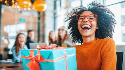 Joyful woman receiving a gift box with red ribbon in a bright office celebration setting  
