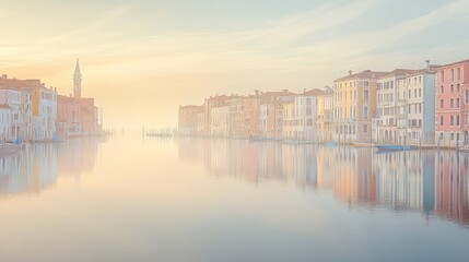 Fototapeta premium A serene view of colorful buildings reflecting on a calm canal at sunrise.