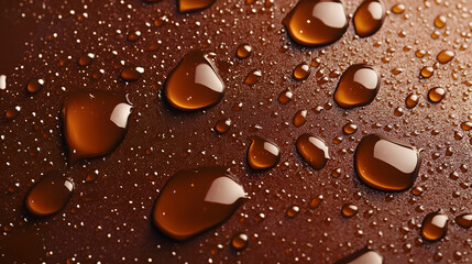 Glossy chocolate syrup droplets on a warm brown background.