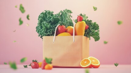 A paper bag filled with fresh fruits and vegetables against a pastel background.