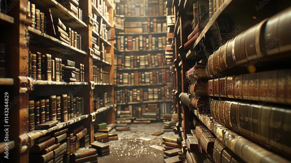 Poster old leather bound books are gathering dust on shelves and the floor in an abandoned library, illumin