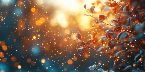 Frost-covered branches in golden sunset light with glowing bokeh, winter nature scene, snowy details, seasonal serenity, festive inspiration, sparkling warm tones.