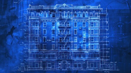 Obraz premium A blueprint-style illustration of a multi-story building in a blue color scheme.