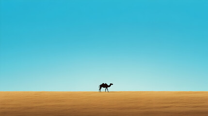 A simple vector of a flat desert with a lone camel silhouette in the distance. Desert with camel minimalist.