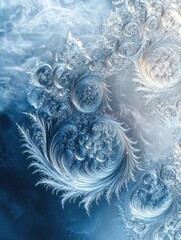 Fototapeta premium Swirling icy fractal textures in cool blue tones, abstract frozen design, intricate winter patterns, seasonal inspiration, detailed frosty elegance, atmospheric cold artwork.