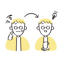 悩む男性と閃いた男性