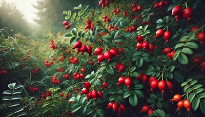 Obraz premium Vibrant Red Rose Hips on a Bush, Signaling the Harvest Season