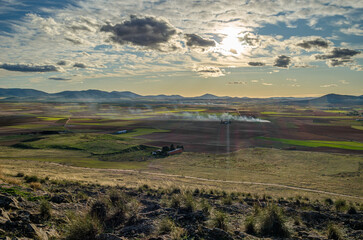 View of the countryside in the village of Consuegra, Castilla La Mancha, Spain