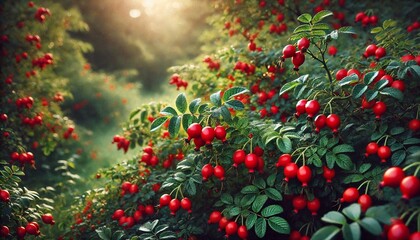 Obraz premium Vibrant Red Rose Hips on a Bush, Signaling the Harvest Season