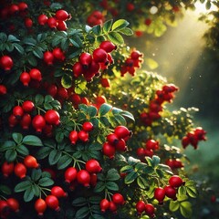 Fototapeta premium Vibrant Red Rose Hips on a Bush, Signaling the Harvest Season