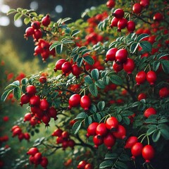 Obraz premium Vibrant Red Rose Hips on a Bush, Signaling the Harvest Season