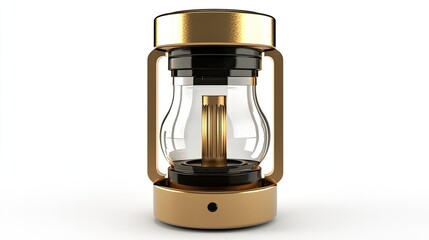 A modern lantern with a transparent glass body and golden accents for illumination.