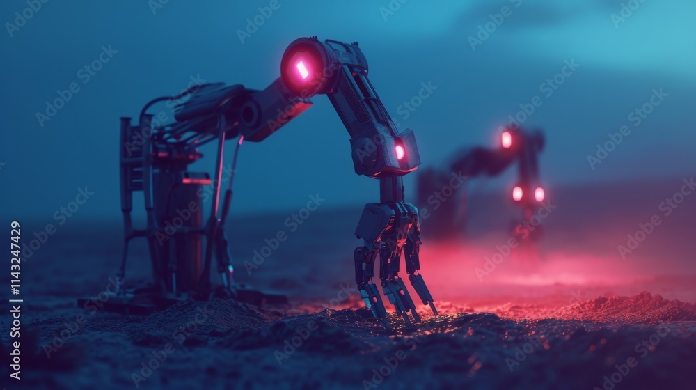 Poster two robotic arms equipped with glowing red lights perform mining operations in a desolate, futuristi