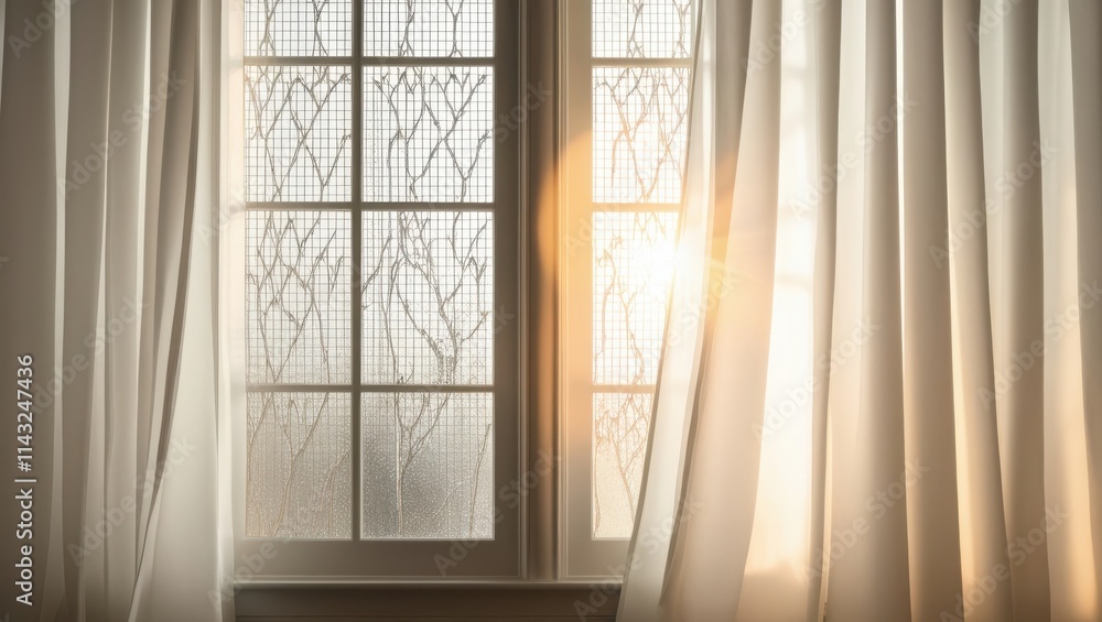 Poster Sunlight streams through sheer curtains and a window