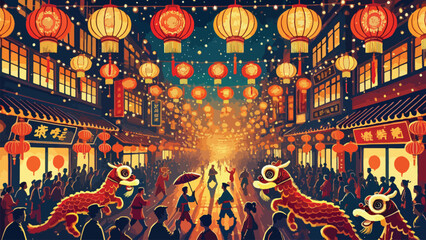 A vibrant street scene during the Lunar New Year Lantern Festival, featuring hundreds of glowing red and gold lanterns hanging overhead, bustling crowds in traditional attire