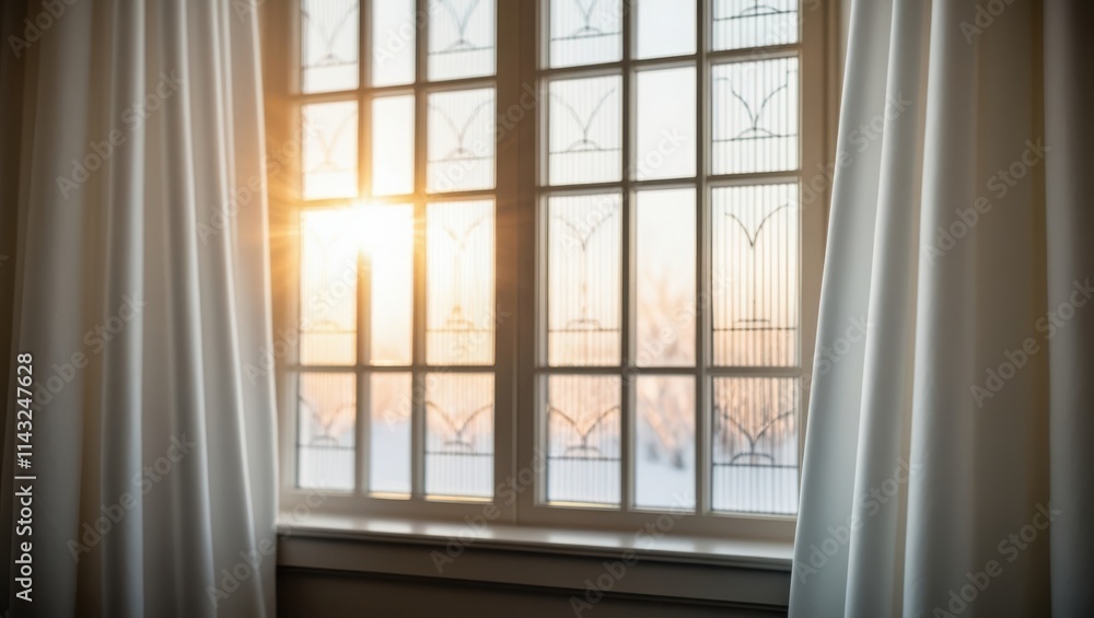 Poster sunlight streams through a window with white curtains