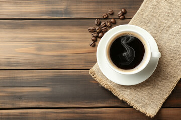 Obraz premium Steaming Coffee Cup on Rustic Wooden Surface with Coffee Beans and Heart-Shaped Smoke