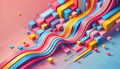 A vibrant background of geometric color blocks in shades of pink, blue, and yellow, merging seamlessly into one flowing design