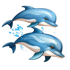 Fototapeta premium Two funny blue jumping bottlenose dolphins on white isolated background