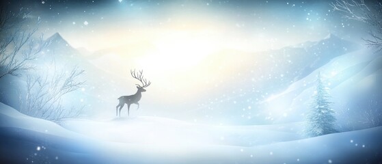 Deer stands in the snow in front of a mountain. Banner