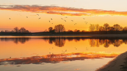 Obraz premium A serene sunset over a tranquil lake, with vibrant orange and pink hues reflecting on the water. Birds soar in the sky, creating a peaceful ambiance.