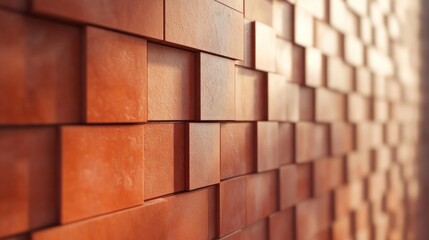 Obraz premium Close-up view of a wall constructed with terracotta-colored, square tiles arranged in a staggered pattern. Sunlight highlights the texture and depth of the tiles.