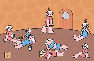Korean jjimjilbang culture. People are relaxing in the hot sauna room, eating snacks and chatting. Cuttiny character with outline.