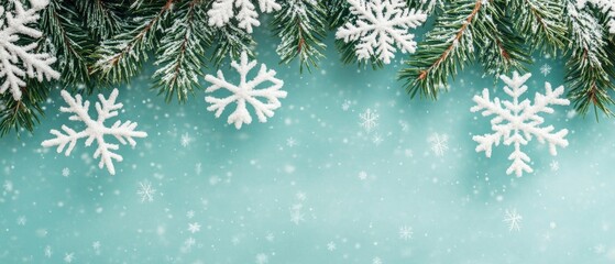 Blue background with snowflakes and pine trees. Banner