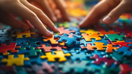 Collaborative puzzle solving home activity indoor close-up fun